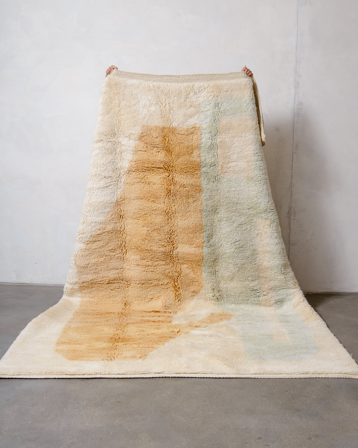 Modern, designer, handcrafted 100% sheep’s wool Berber rug from Morocco. Beni M’rirt carpet with beautiful colours and patterns and fluffy wool texture.